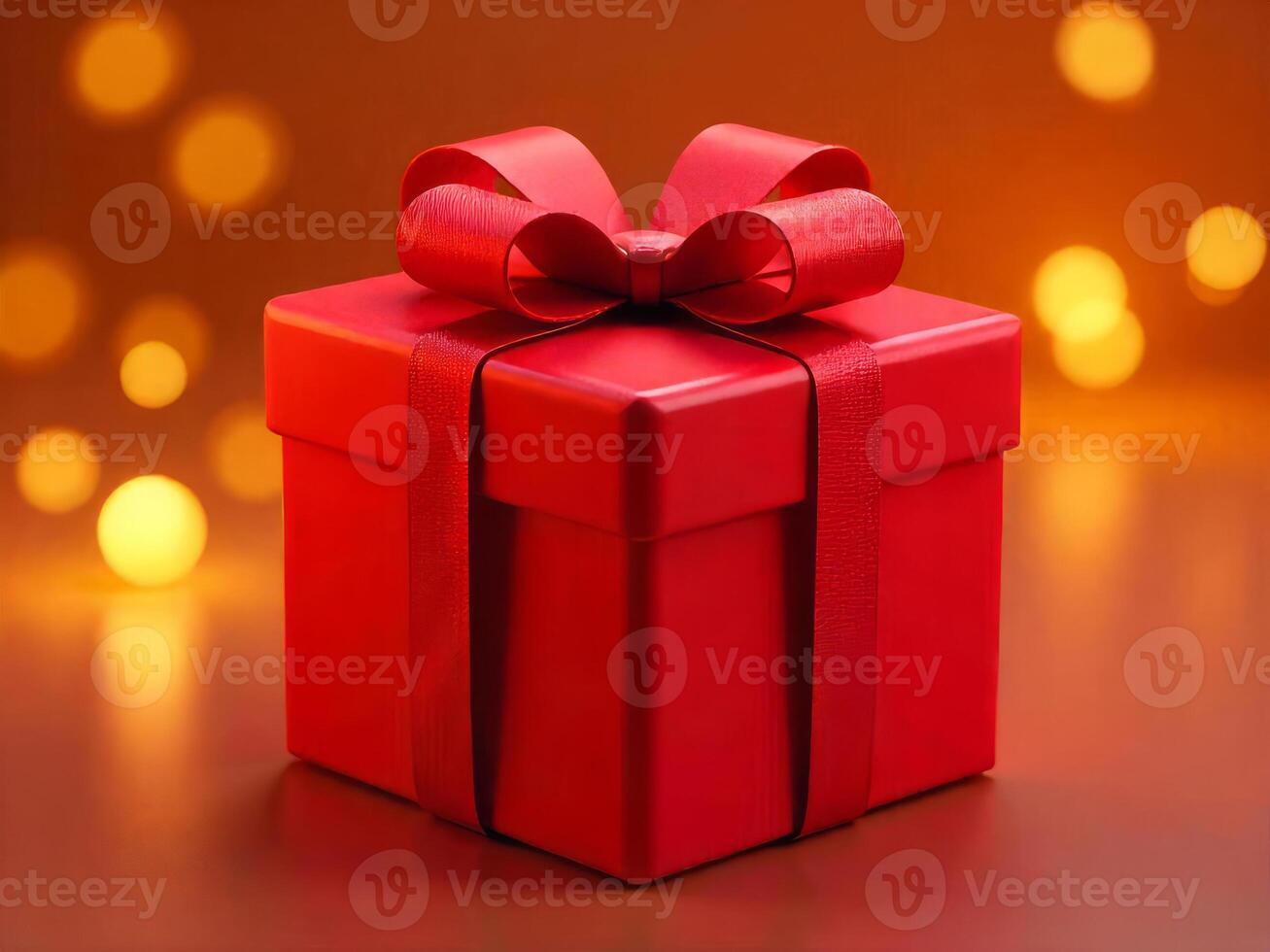 3D-Rendered Wrapped Present Icon - A glossy, cube-shaped gift box with a red satin ribbon and a perfect bow on top, set against a festive gold bokeh background photo