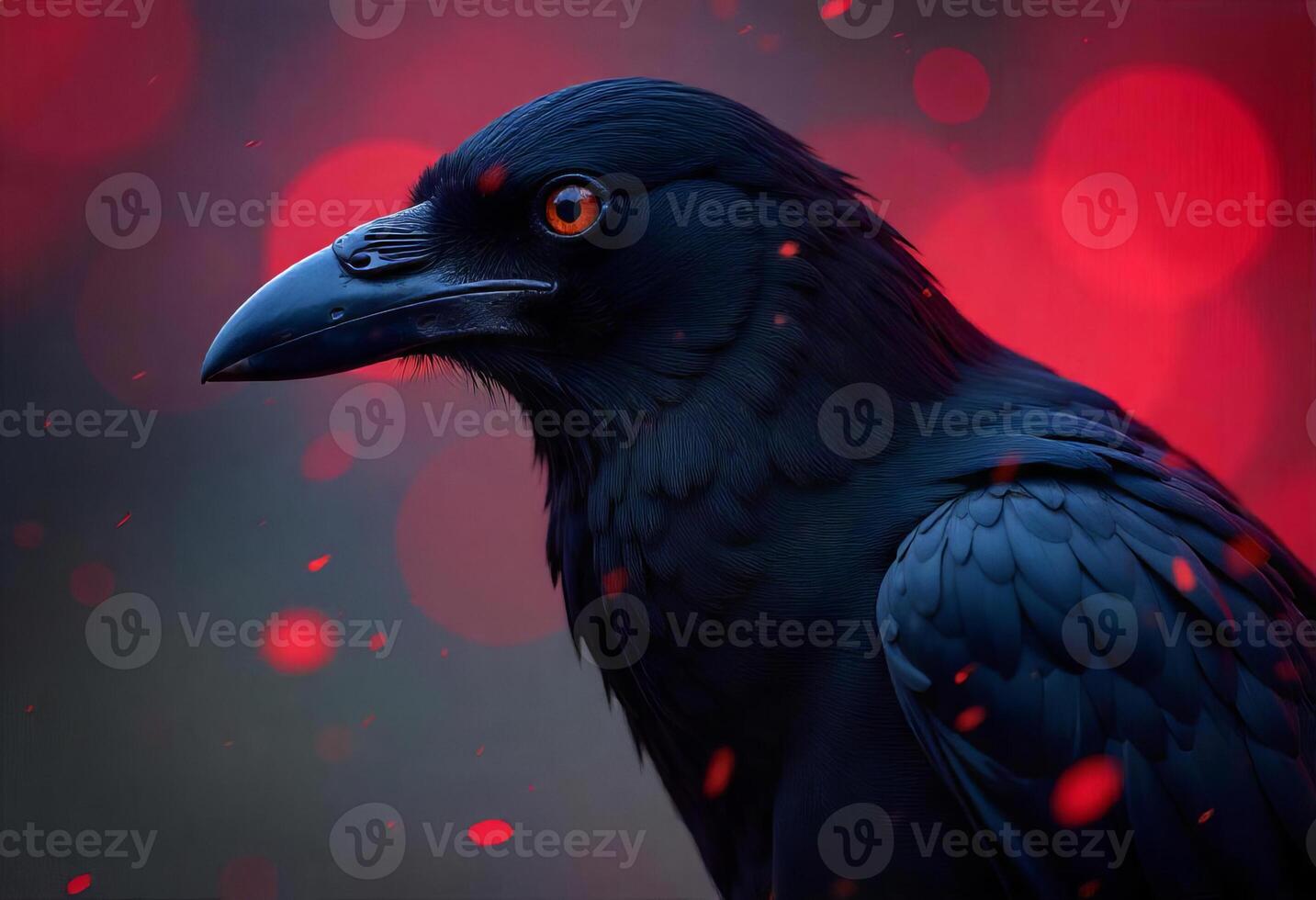 A black crow with orange eyes in a dark environment with red bokeh lights in the background photo