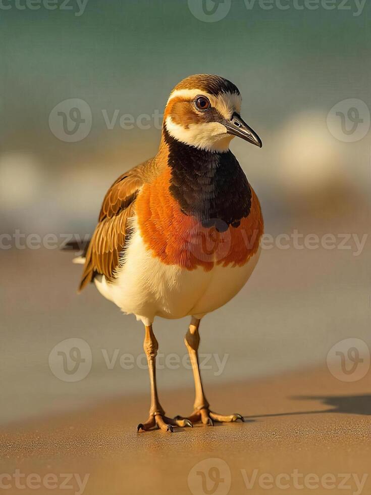 A cute hooded plover bird with orange and black feathers standing on a sandy beach with blurred ocean background photo