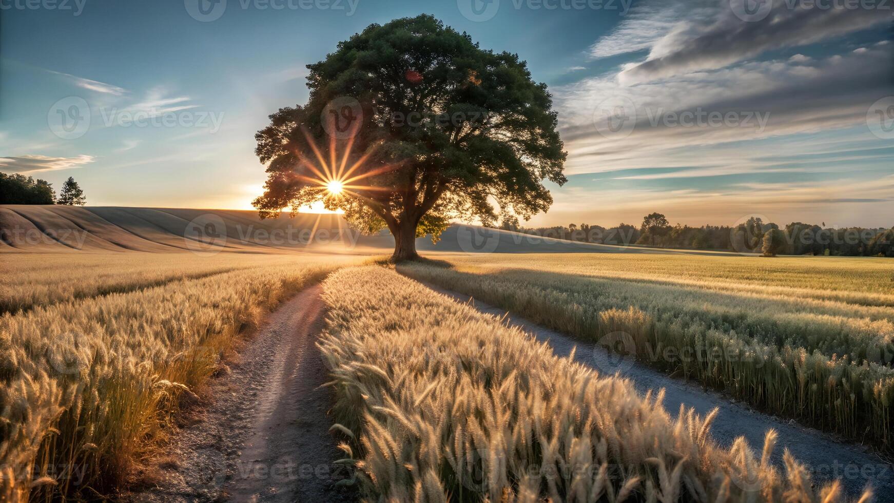 A big tree in a wheat field with a path in the middle, sun shining through the branches, clear sky with some clouds photo