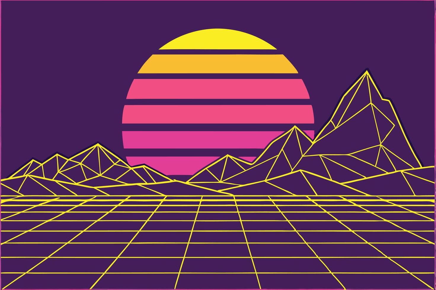 Retro 80s Synthase Sunset Mountain Grid Landscape Art vector