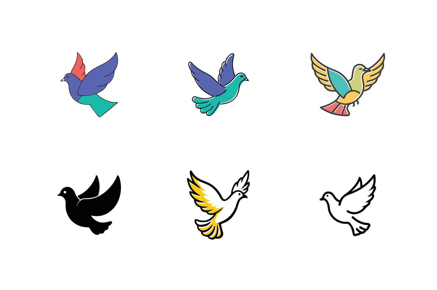 Six Colorful Bird Designs Dove, Pigeon, Avian Icons, Logo Concepts vector