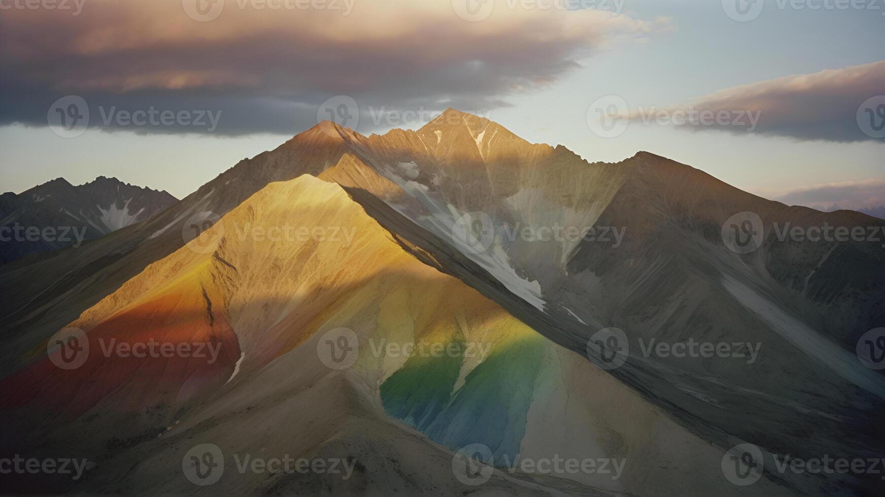A mountain range with a rainbow effect on the side, some clouds in the sky, and a sunset photo