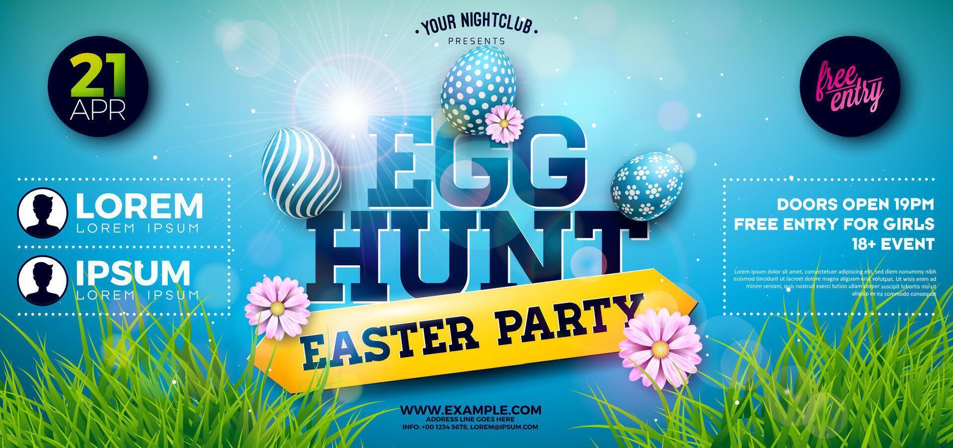 Easter Party Flyer Illustration with Flower, Painted Eggs and Typography Lettering on Nature Blue Background. Spring Religious Holiday Celebration Poster Design Template for Banner or vector