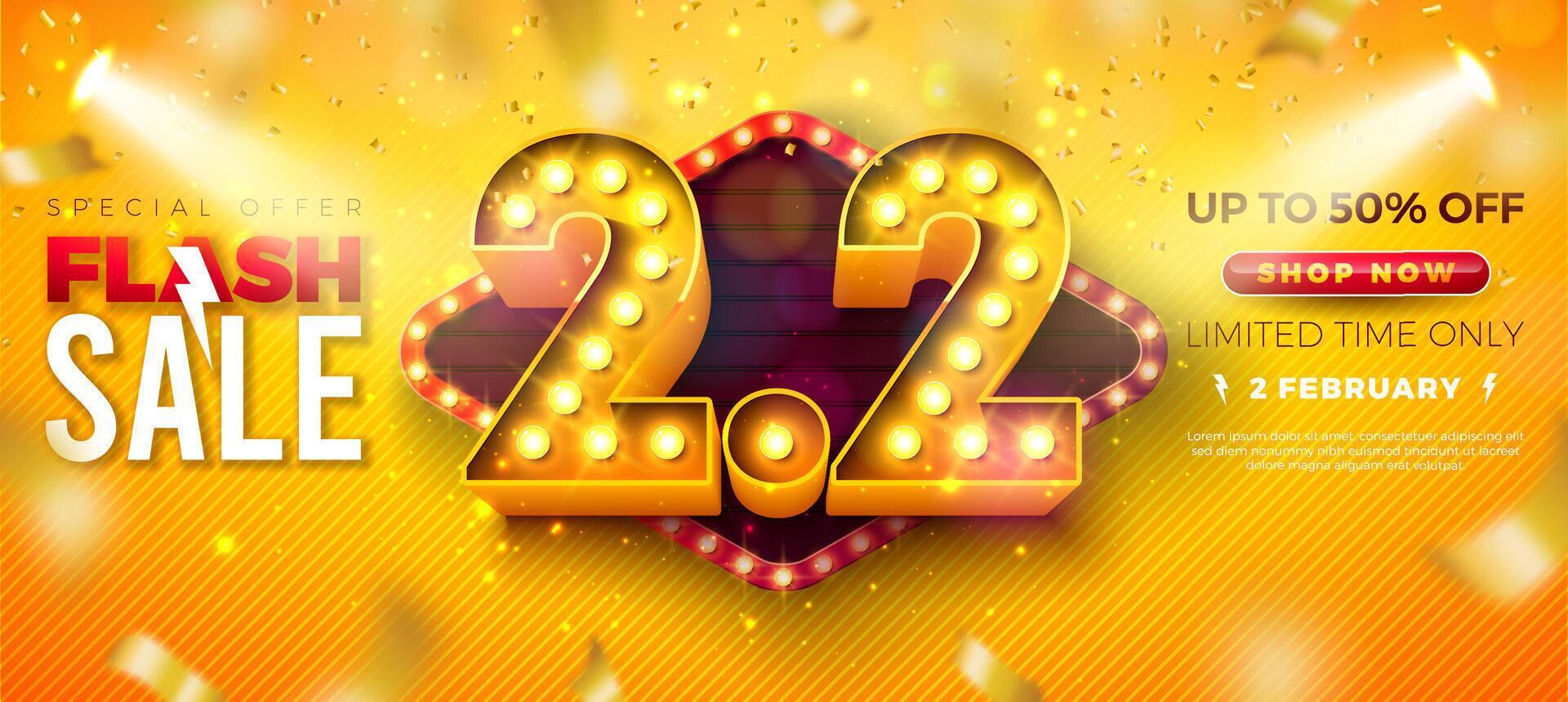 2 February Shopping Day Flash Sale Design with 3d 2.2 Light Bulb Billboard Number and Falling Confetti on Yellow Background. Special Offer 50 Percent Off Campaign Discount Illustration vector