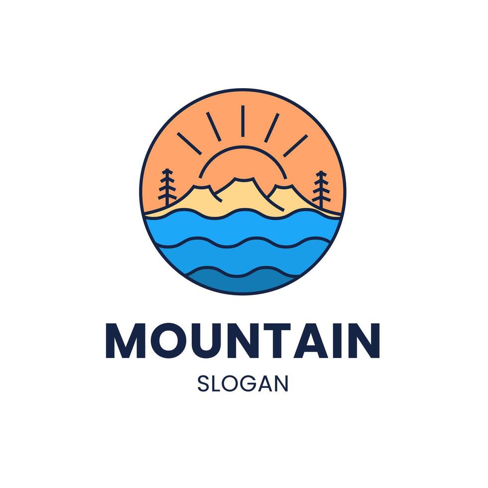 Modern Mountain Logo Design features a stylized sunset, waves and pine trees in a circular badge. This illustration is perfect for outdoor, nature, travel Logos vector