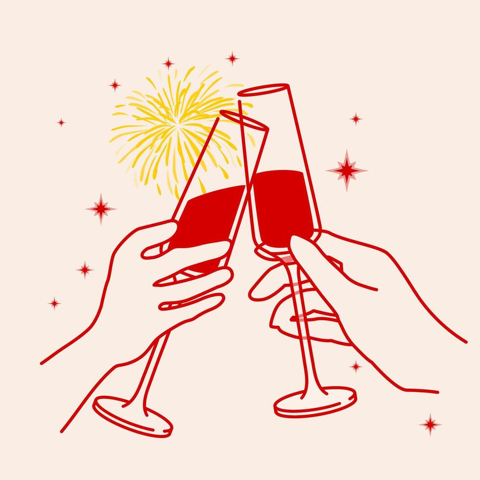 Greeting card with a glasses of wine and fireworks. Illustration of sparkling wine glasses with stars, . Cheers sparkling wine, celebration concept. Event, party, celebration. vector