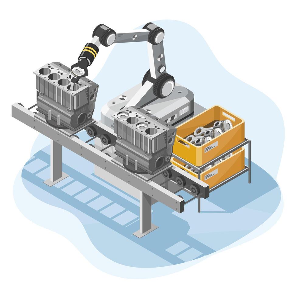 Robotic arm assembling engine components on automated conveyor in modern automotive manufacturing facility isometric isolated vector