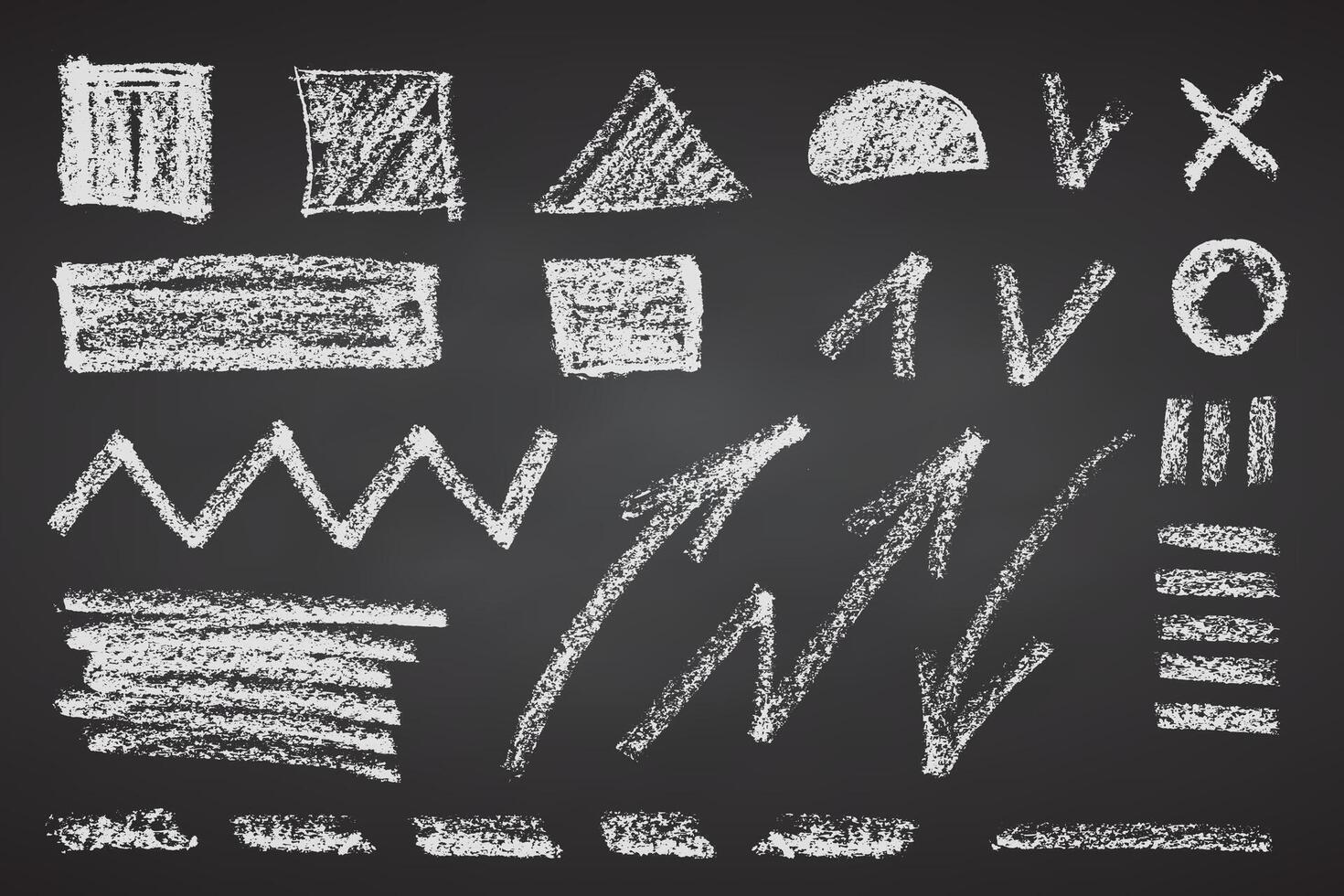 Charcoal pencil hand drawing geometrical shapes, arrows, lines, zig zag. Black elements on black chalkboard. Grunge chalk crayon scribbles doodles textures. Rough crayon strokes. illustration. vector