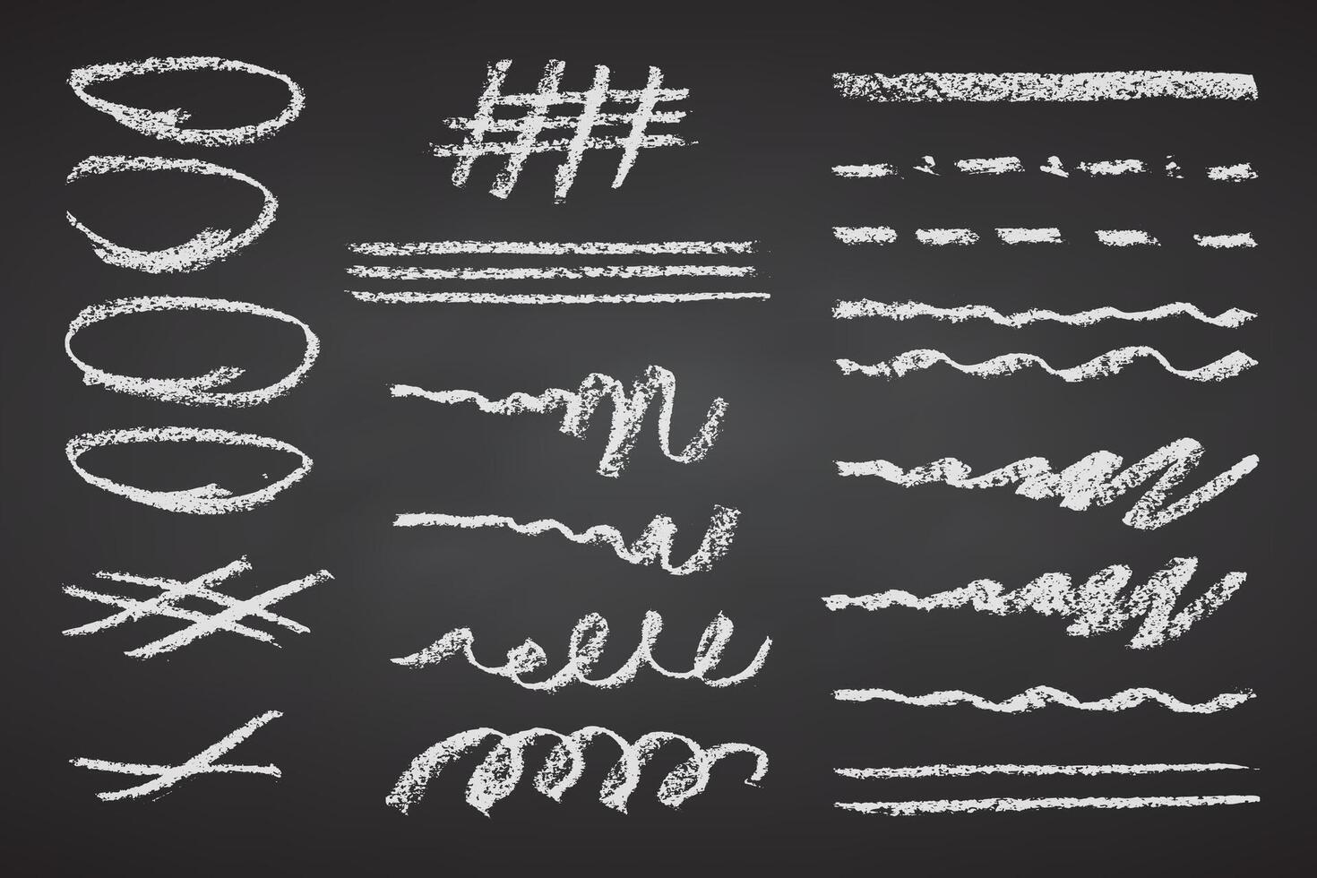Charcoal pencil hand drawing curly lines splash, squiggles and shapes. Black elements on black chalkboard. Grunge chalk crayon scribbles doodles textures. Rough crayon strokes. illustration. vector