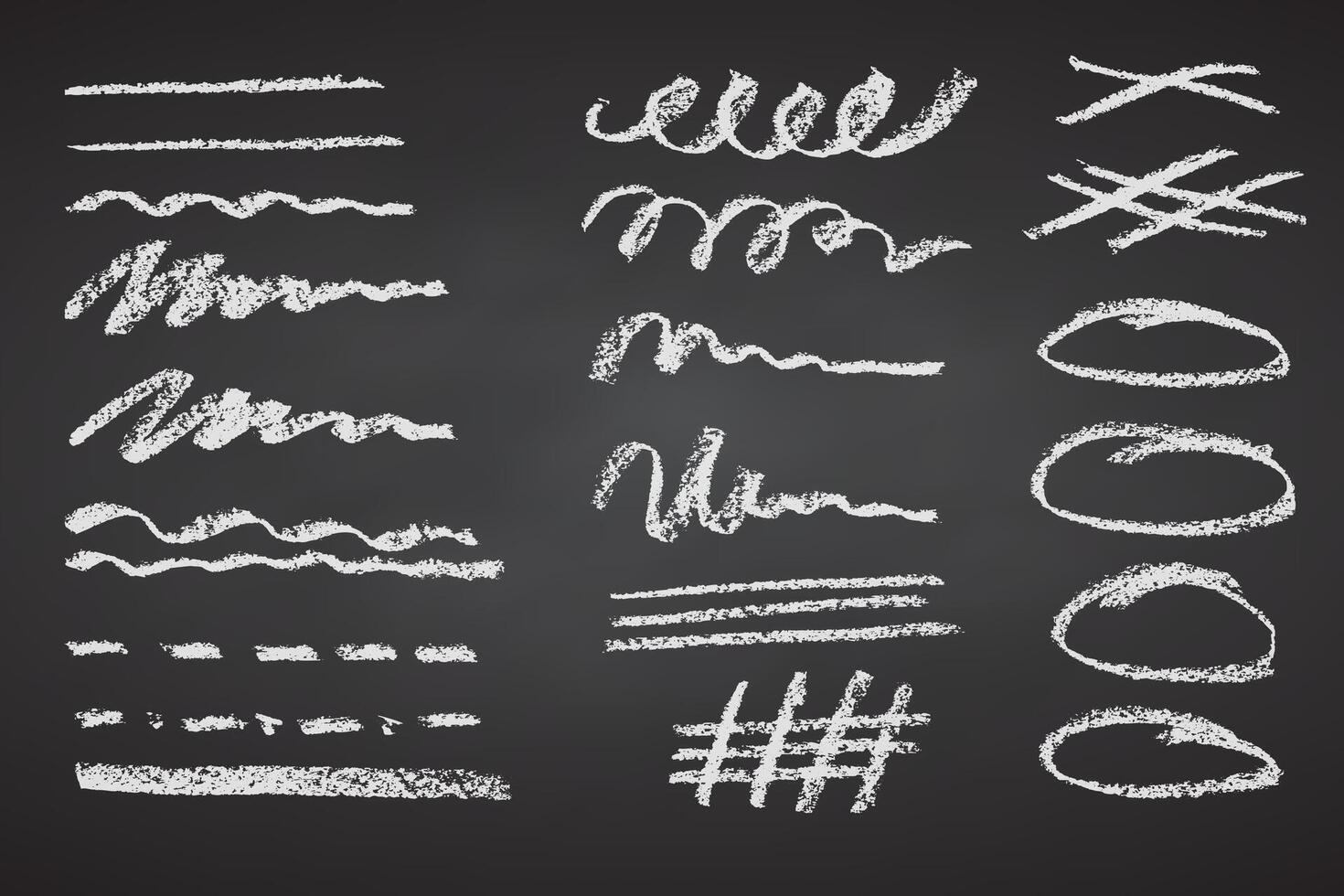 Charcoal pencil hand drawing curly lines, splash squiggles and shapes. Black elements on black chalkboard. Grunge chalk crayon scribbles doodles textures. Rough crayon strokes. illustration. vector