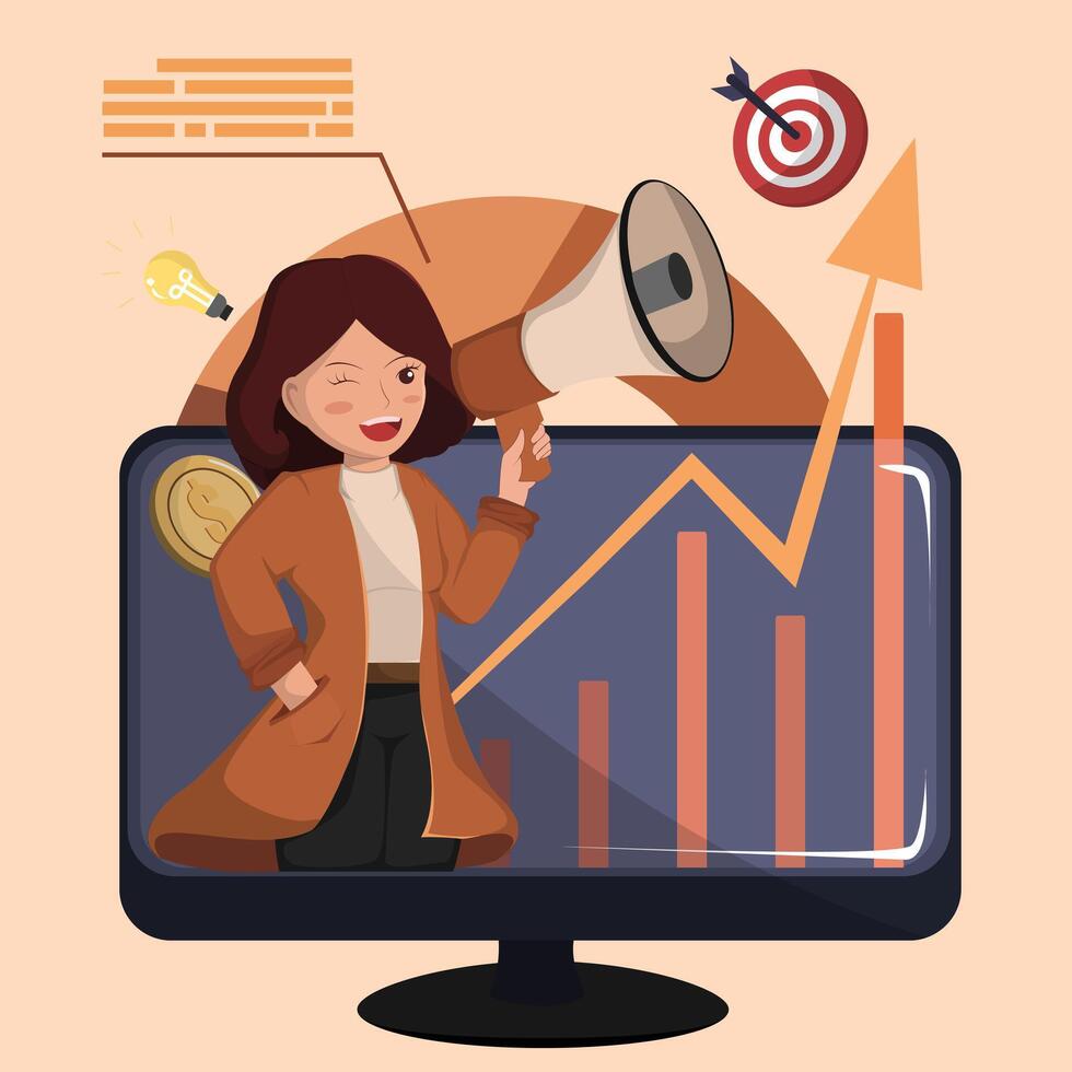 Digital Marketing Concept with Confident Female Promoting Success and Reaching Target. vector