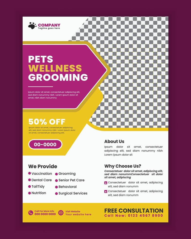 Pets wellness grooming flyer and poster design template vector