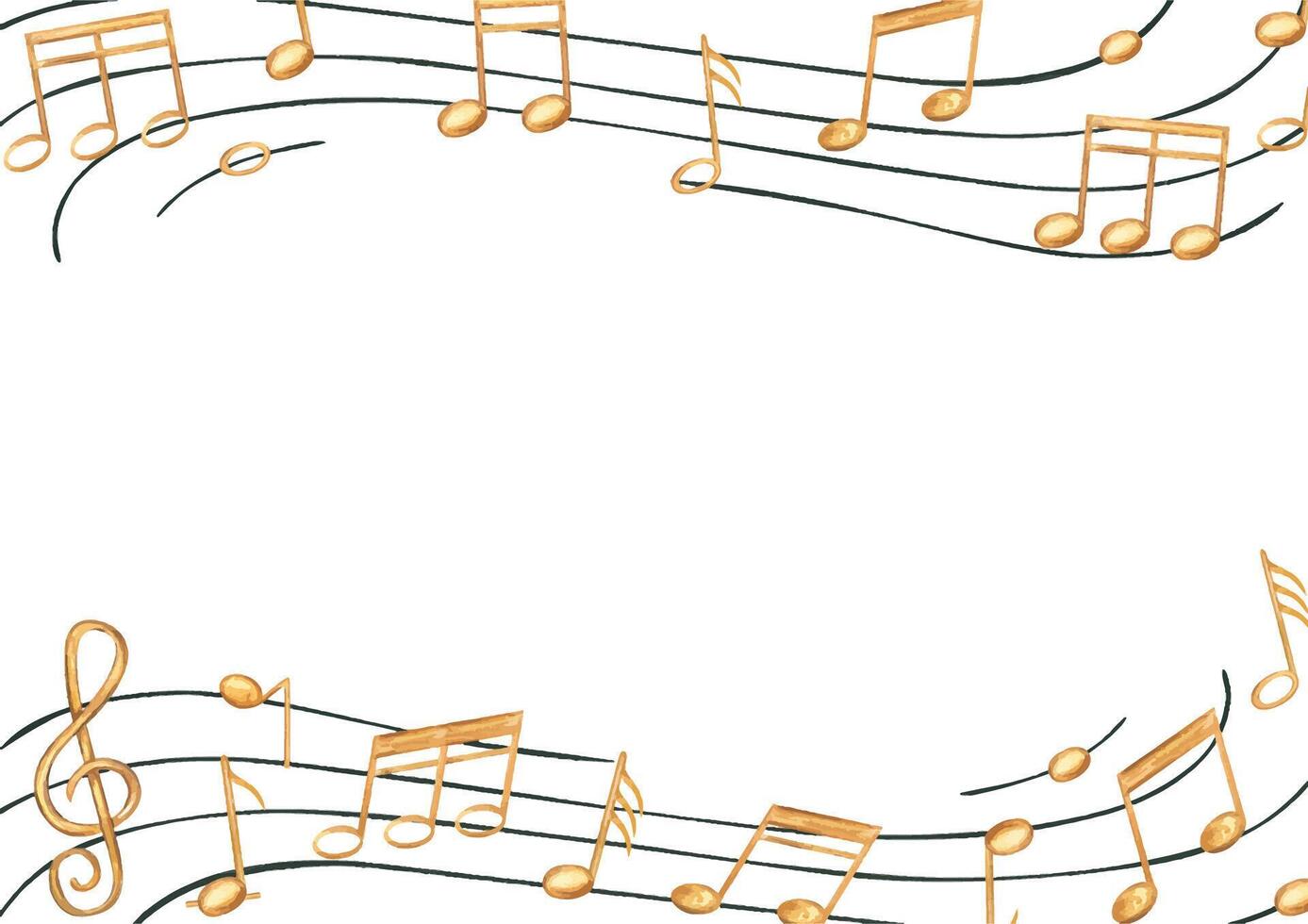 Yellow musical notes on black stave rectangle border with copy space for text. Golden sound symbols on staff watercolor illustration isolated background. Frame for concert, invitation, greeting card vector