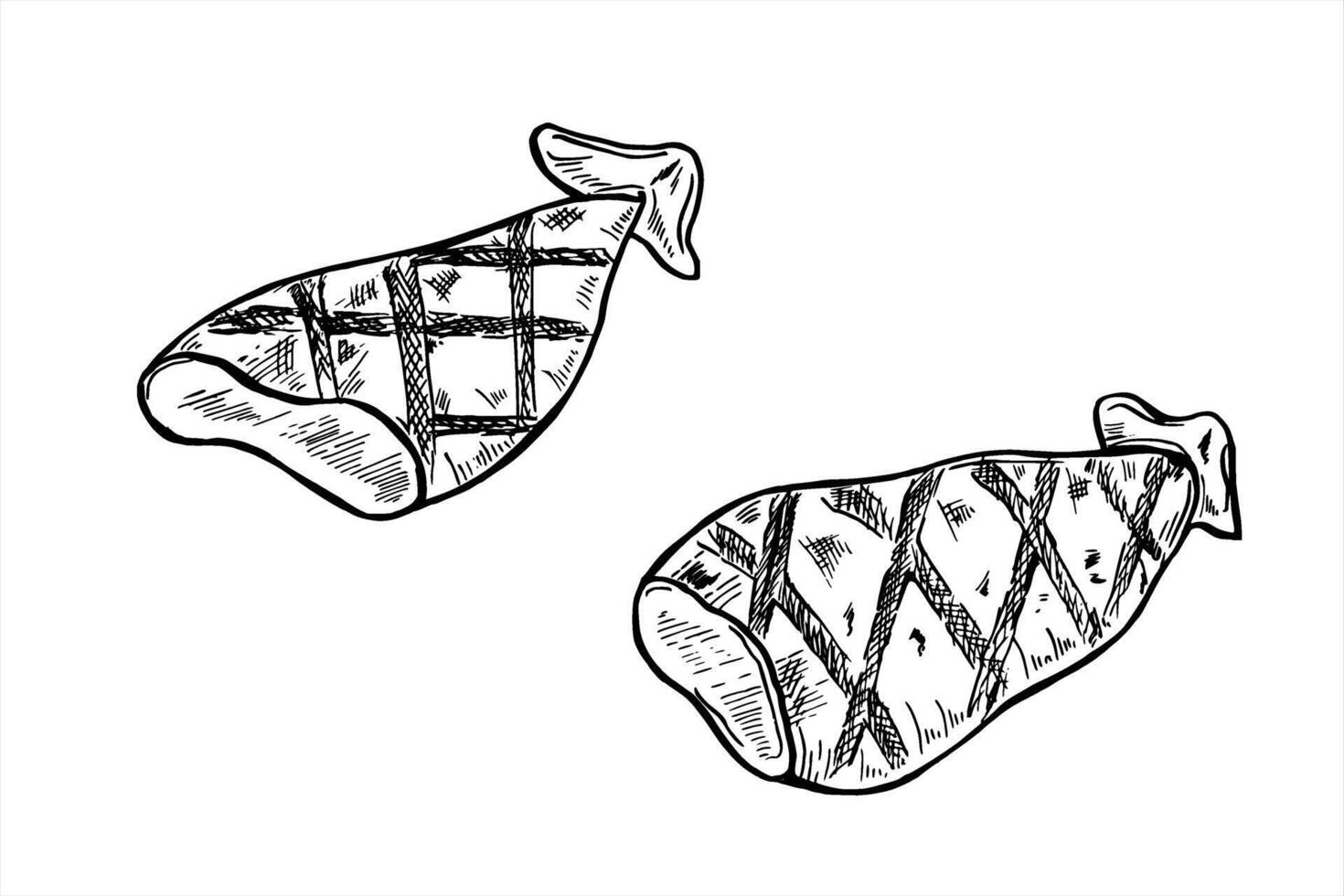 Monochrome grilled dressed squid tubes set illustration painted by black inks. Crispy calamari in Mediterranean style etching drawing. BBQ seafood realistic graphic sketch for izakaya design vector