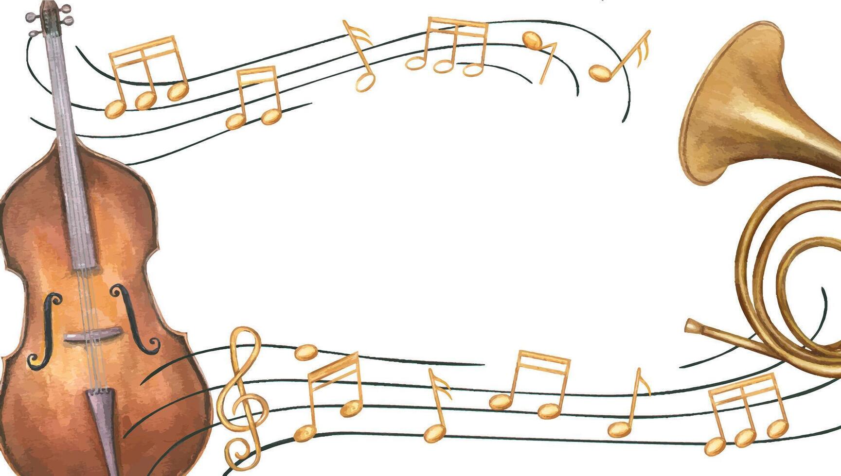 Double bass, French horn and musical notes on staff horizontal rectangle frame with empty space for text. Woodwind and string instruments watercolor illustration isolated background. For invitation. vector