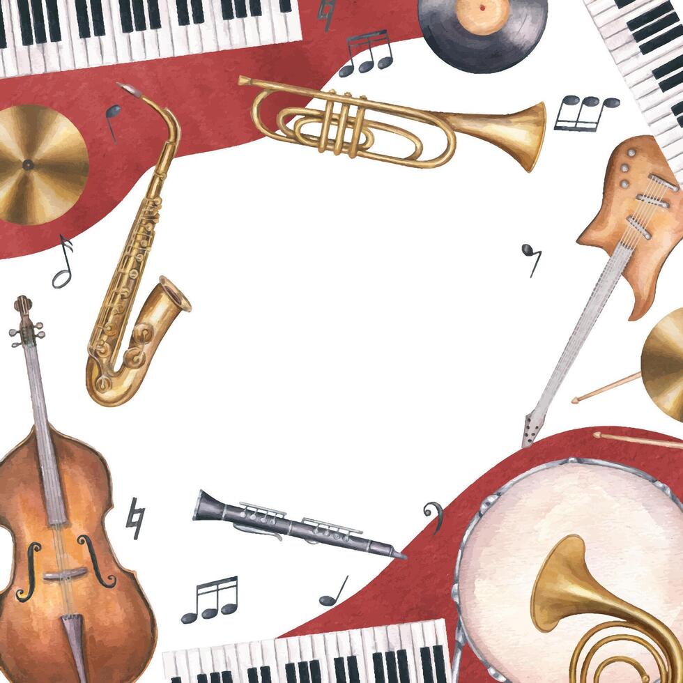 Watercolor drum kit, double bass, electric guitar, saxophone, trombone, piano and musical notes square frame isolated background. Musical percussion, string and wind instruments illustration for jazz vector
