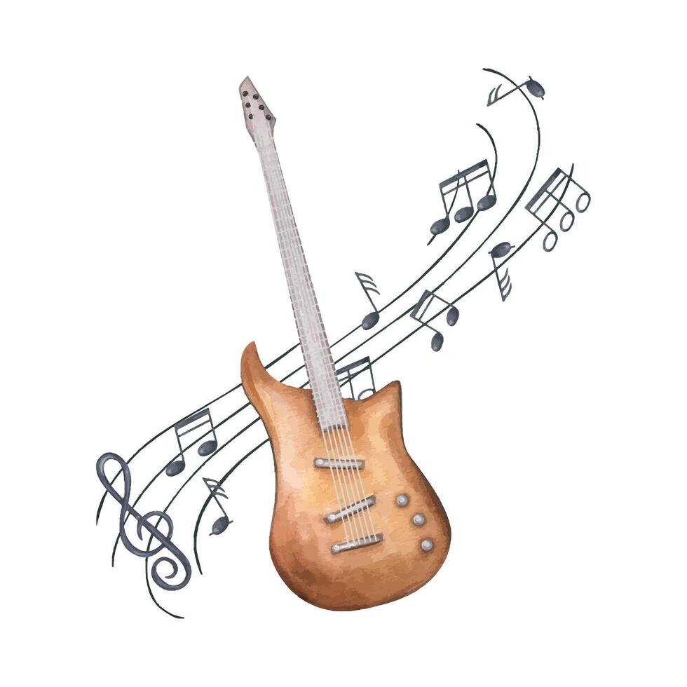 Watercolor brown electric guitar and black musical staff with flying musical notes watercolor illustration isolated background. String instrument on note stave. For poster, greeting card vector