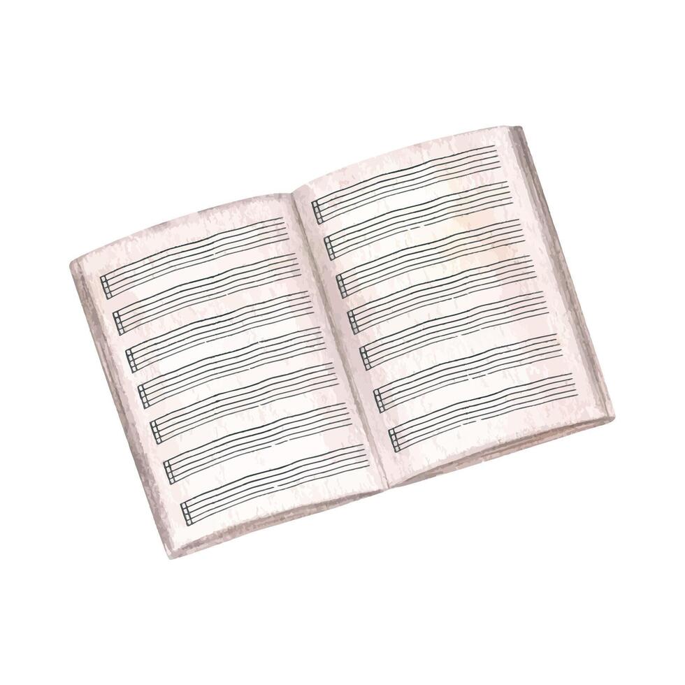 Open blank music notebook with staff watercolor illustration. Old Sheet Music paper with note stave grid and without note. Lined page template for musical education, lesson design vector