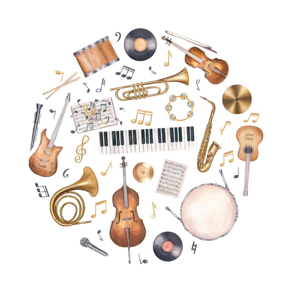 Watercolor drum kit, double bass, electric guitar, saxophone, trombone, piano and musical notes square frame isolated background. Musical percussion, string and wind instruments illustration vector