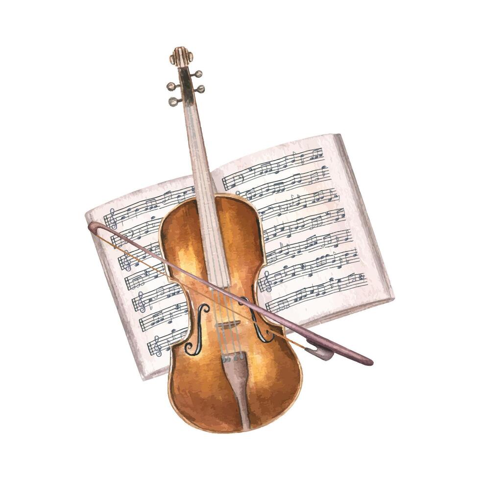 Violin with bow and open music notebook watercolor illustration isolated background. String instrument on musical paper with note stave. For musical education, poster, greeting card vector