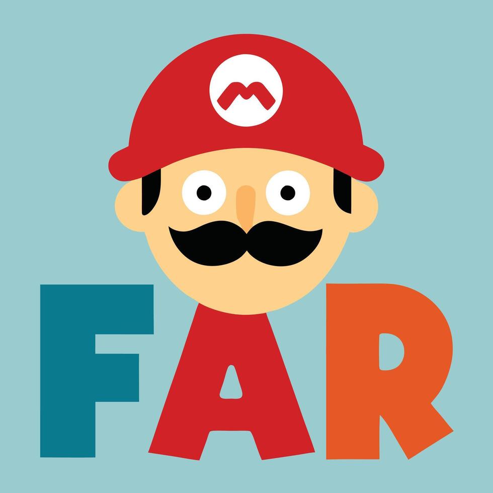 Cartoon character, Super Mario inspired, red cap with M logo, large black mustache, round face, big eyes, minimalist design, bold colorful letters FAR, teal background vector