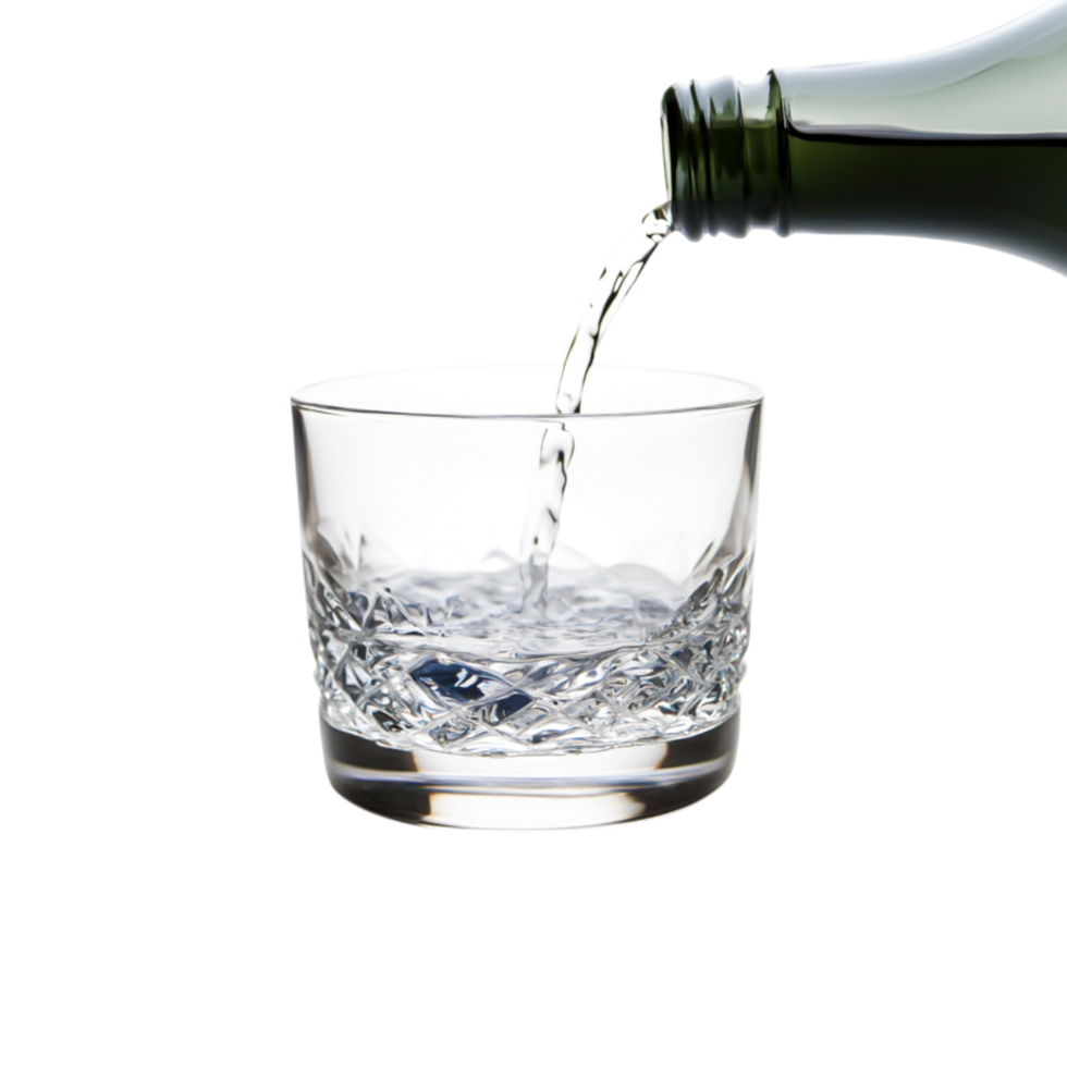 Refreshing Clear Liquid Being Poured into a Crystal Glass Container png