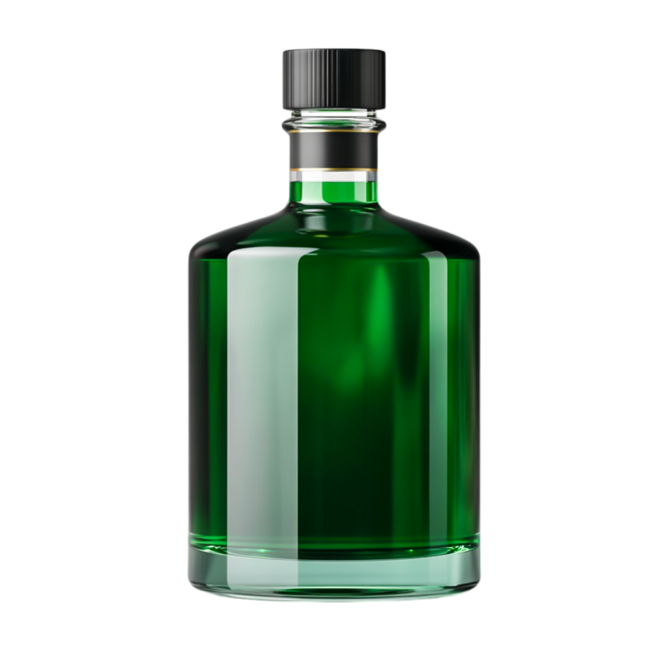 Green Glass Bottle with Black Cap and Reflective Surface on png