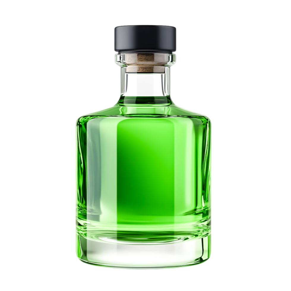 Clear Glass Bottle with Green Liquid and Cork Stopper on png