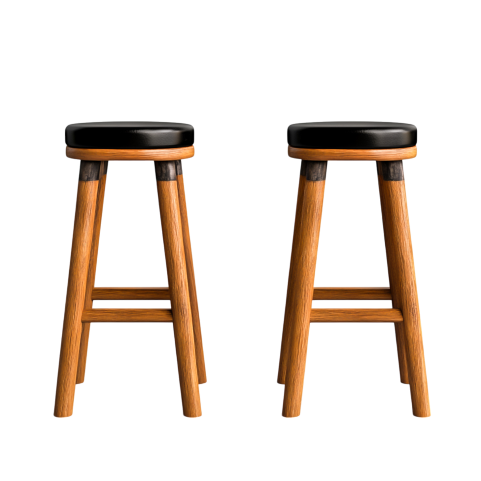 Two Wooden Bar Stools with Black Cushioned Seats and Simple Design png