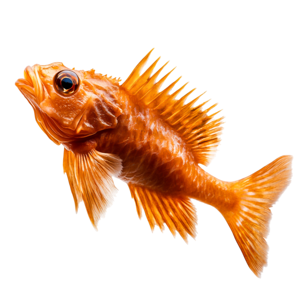 Vibrant Orange Fish with Unique Fins and Detailed Texture Under Bright Light png