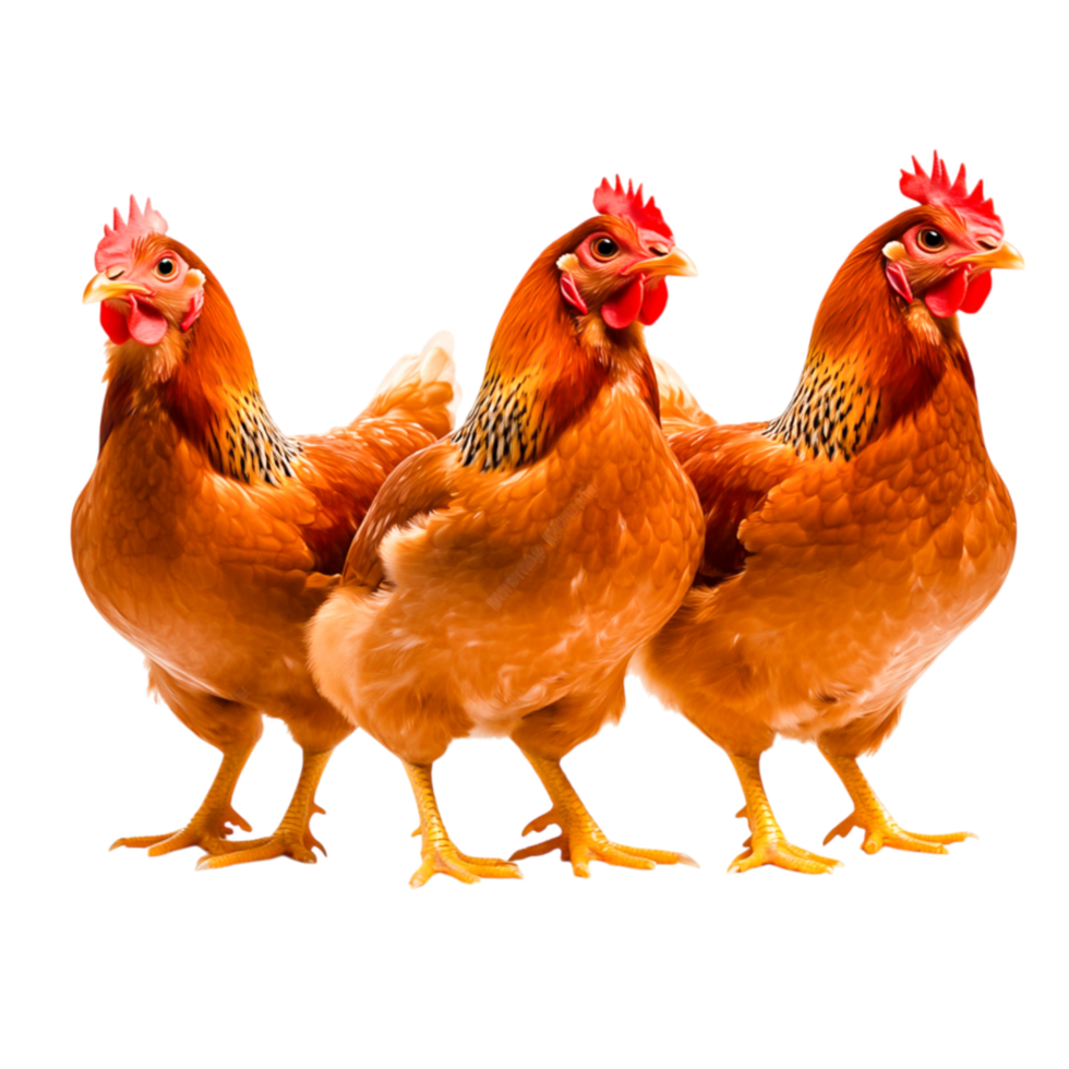 Three Colorful Chickens Standing Together in a Farmyard Setting png