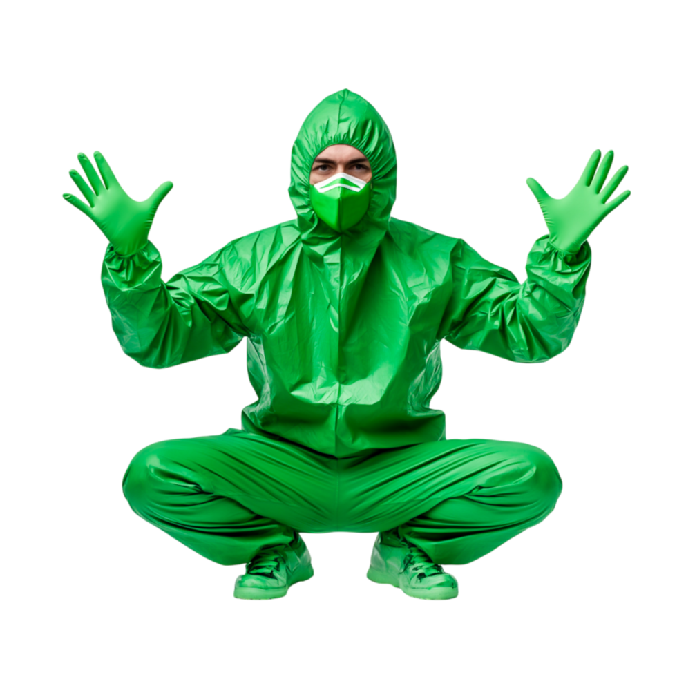 Person in Green Protective Suit with Raised Hands in Studio Setting png