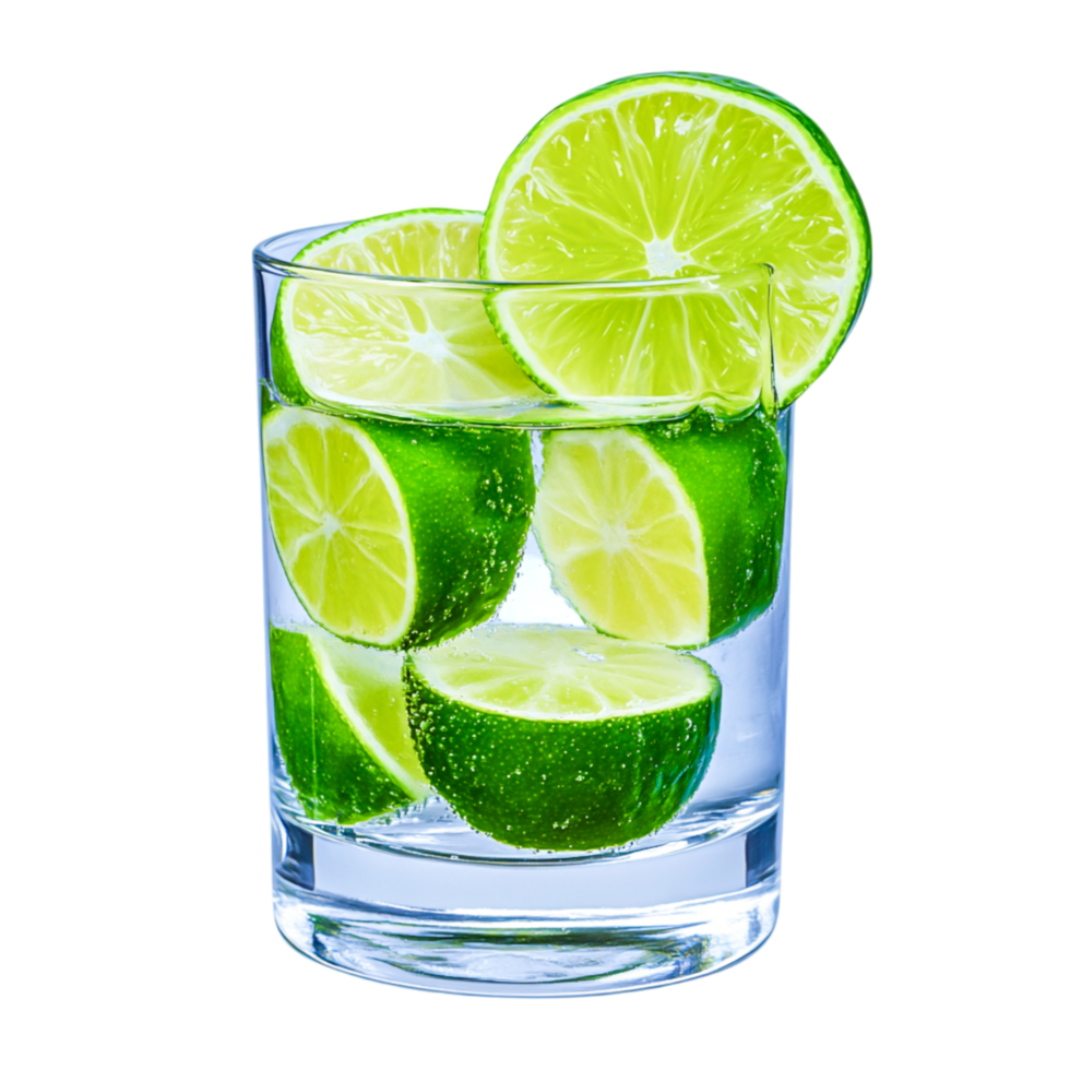 Fresh Green Limes in Clear Glass with Water Reflecting Light png