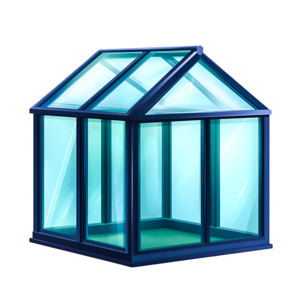 Modern Glass Greenhouse with Transparent Windows in Blue Tones png