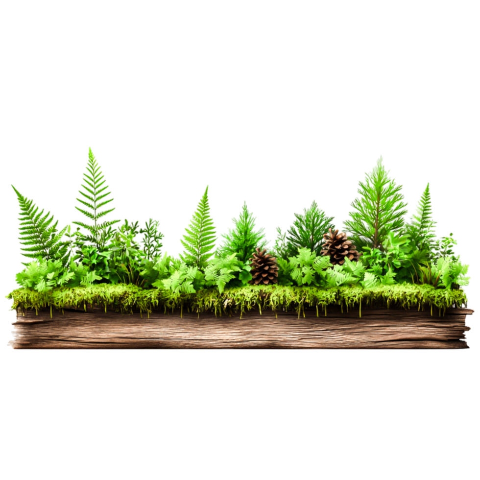 Green Ferns and Pinecones on Natural Tree Bark with Lush Forest Elements png