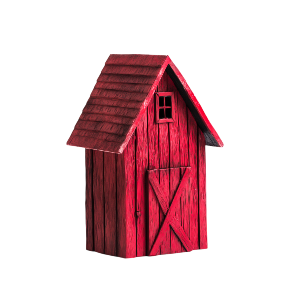 Vintage Red Wooden Barn Structure with Textured Shingles and Door png