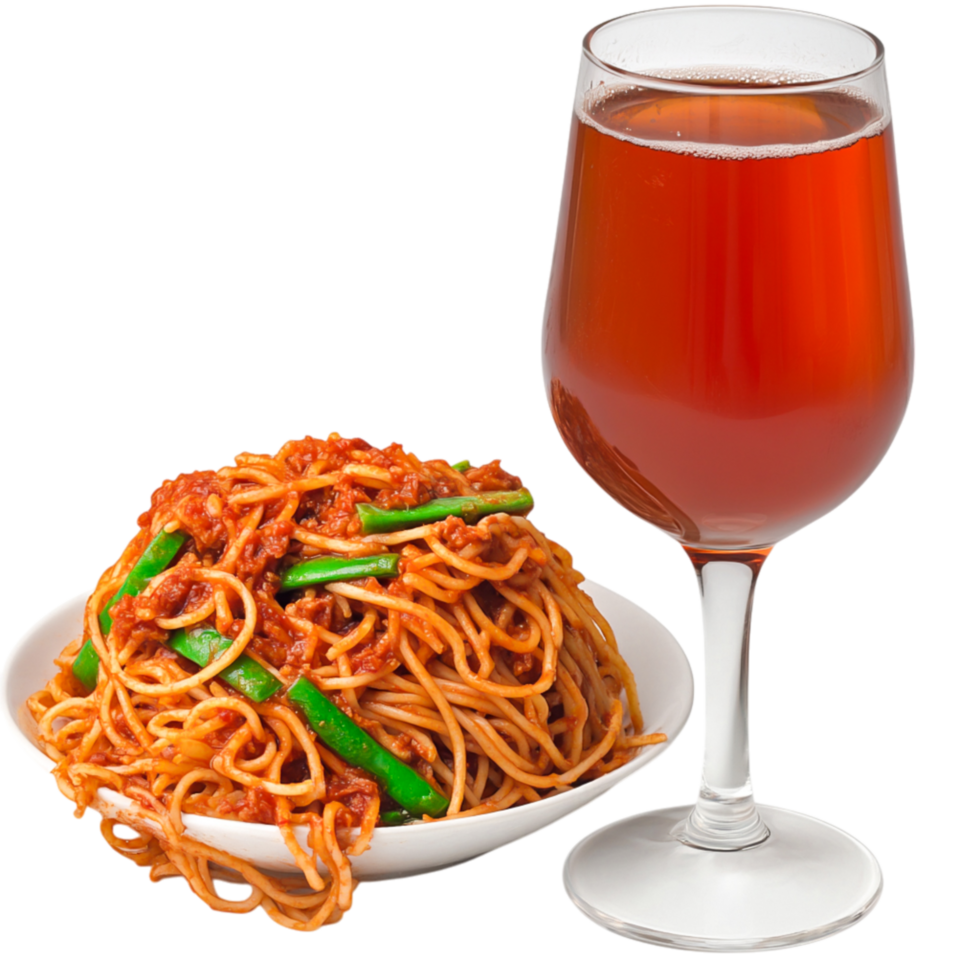 Delicious Plate of Noodles with Sauce and a Glass of Refreshing Drink png