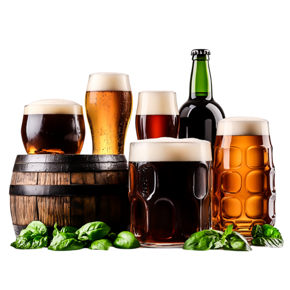 Assorted Beers with Fresh Basil and Wooden Barrel Dark Background png