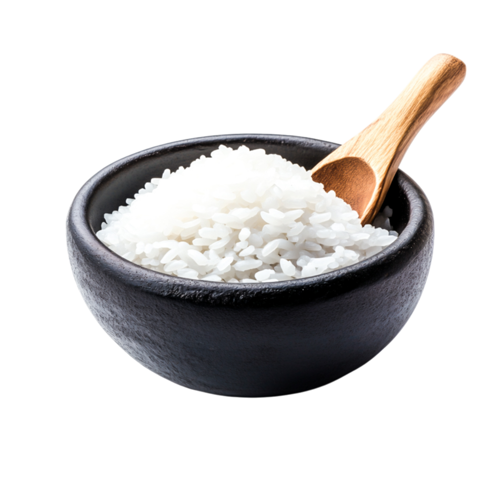 Bowl of Cooked White Rice with Wooden Spoon png