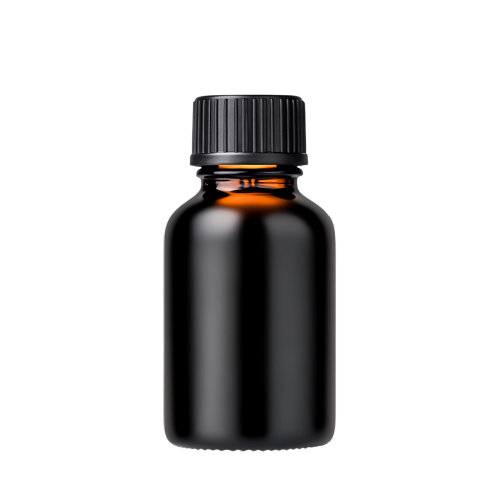 Black glass bottle with a black cap, perfect for various liquid contents png