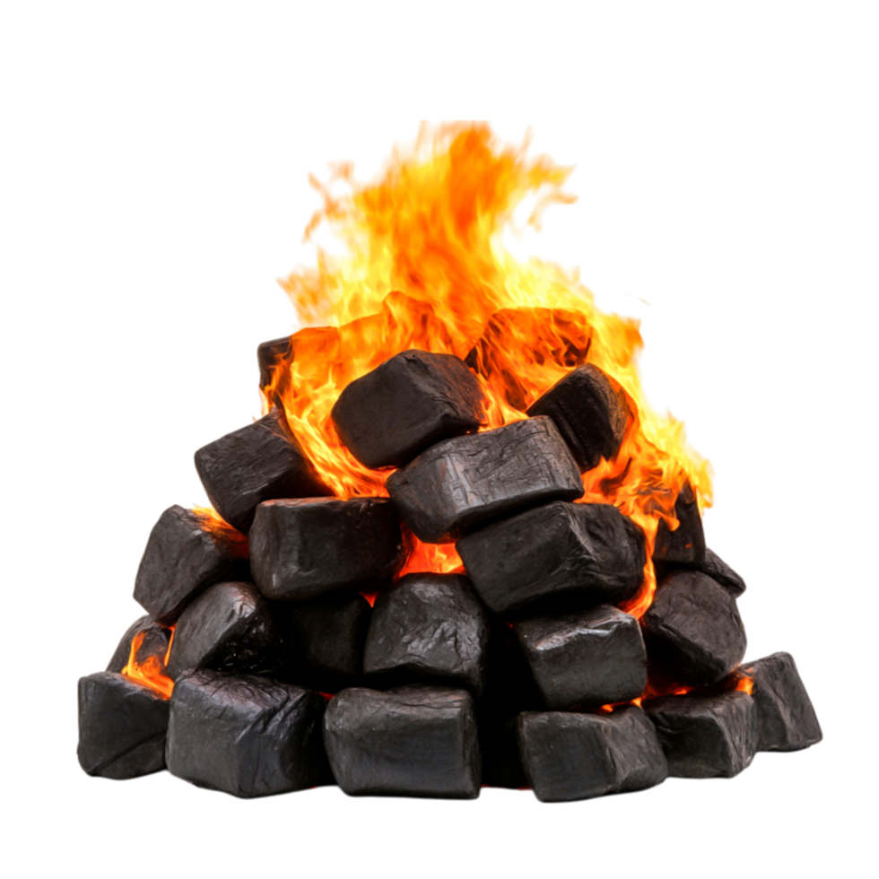 Pile of Charcoal Briquettes with Flames Erupting in a Dramatic Display png