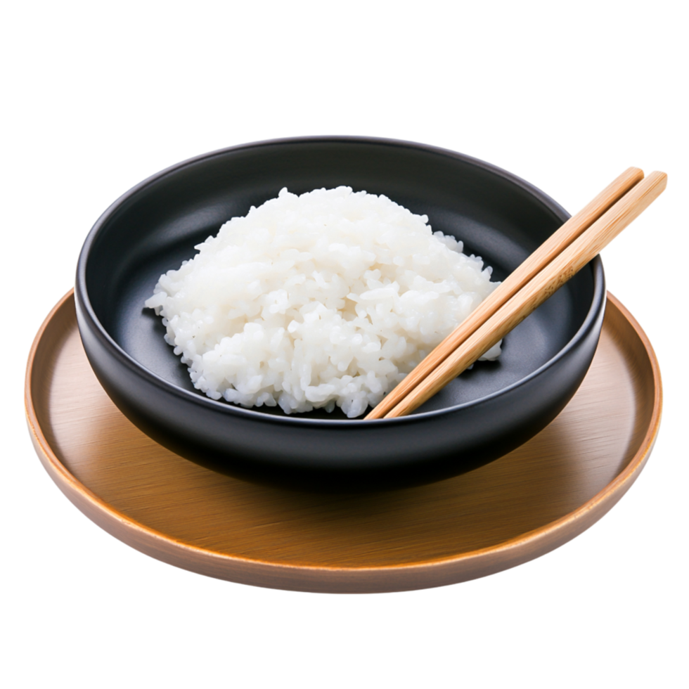Freshly Cooked White Rice in Black Bowl on Wooden Tray with Chopsticks png