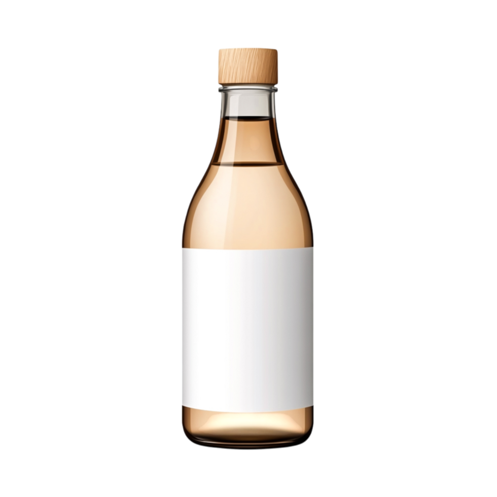 Elegant Glass Bottle with Wooden Cap and Blank Label for Customization png