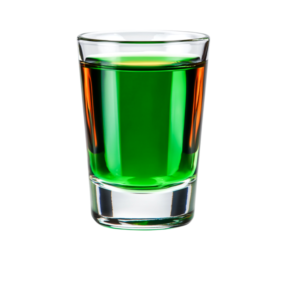 Colorful shot glass with vibrant green and orange layers of liquid png