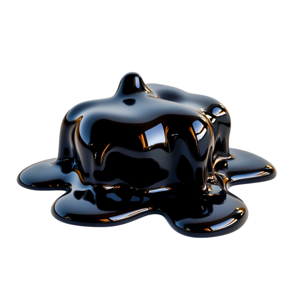 Glossy black liquid flowing and pooling white surface in a studio setting png