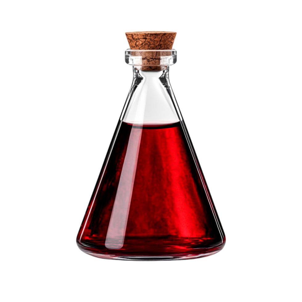 Glass Flask Filled with Deep Red Liquid and Cork Stopper on png