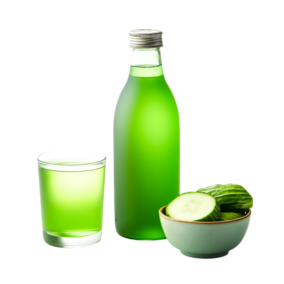 Refreshing Green Juice in Bottle with Glass and Cucumber Slices png