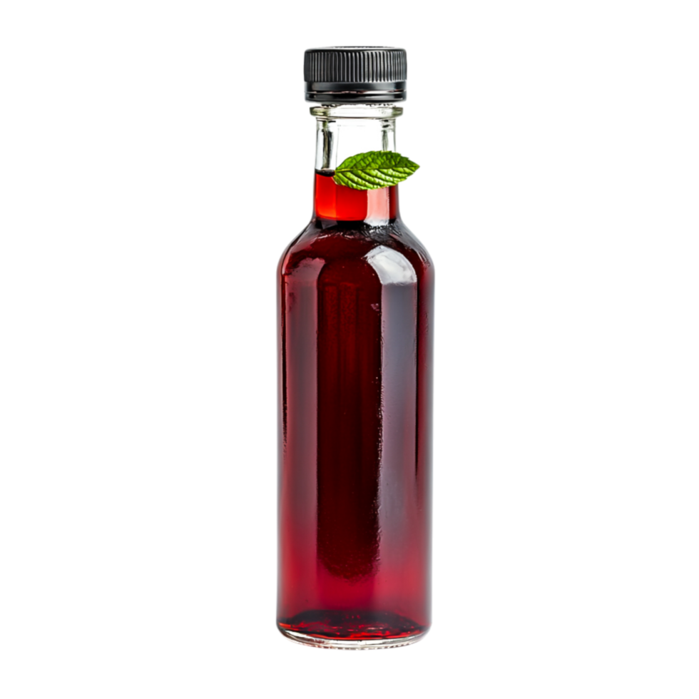 Glass Bottle of Red Syrup with Mint Leaf on Top for Culinary Use png