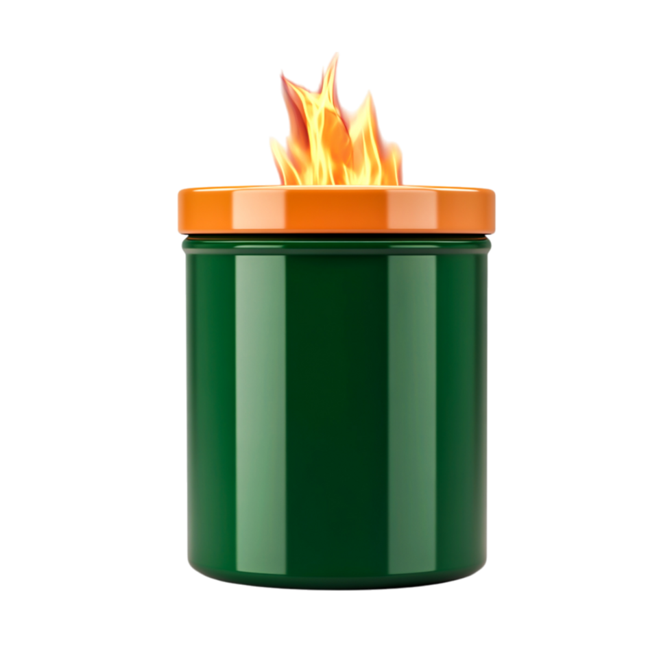 Green Container with Flames Erupting from the Orange Lid on png